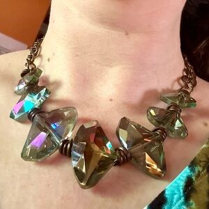 Light Green Glass, Brown Leather & Brass Necklace